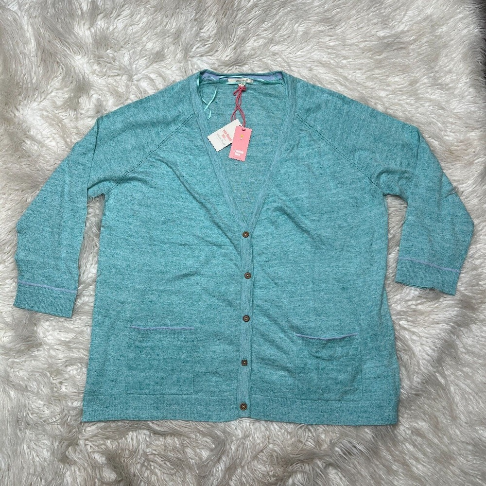 WHITE STUFF ANCHOR MARL WOMENS CARDIGAN AQUA GREEN SWEATER LINEN